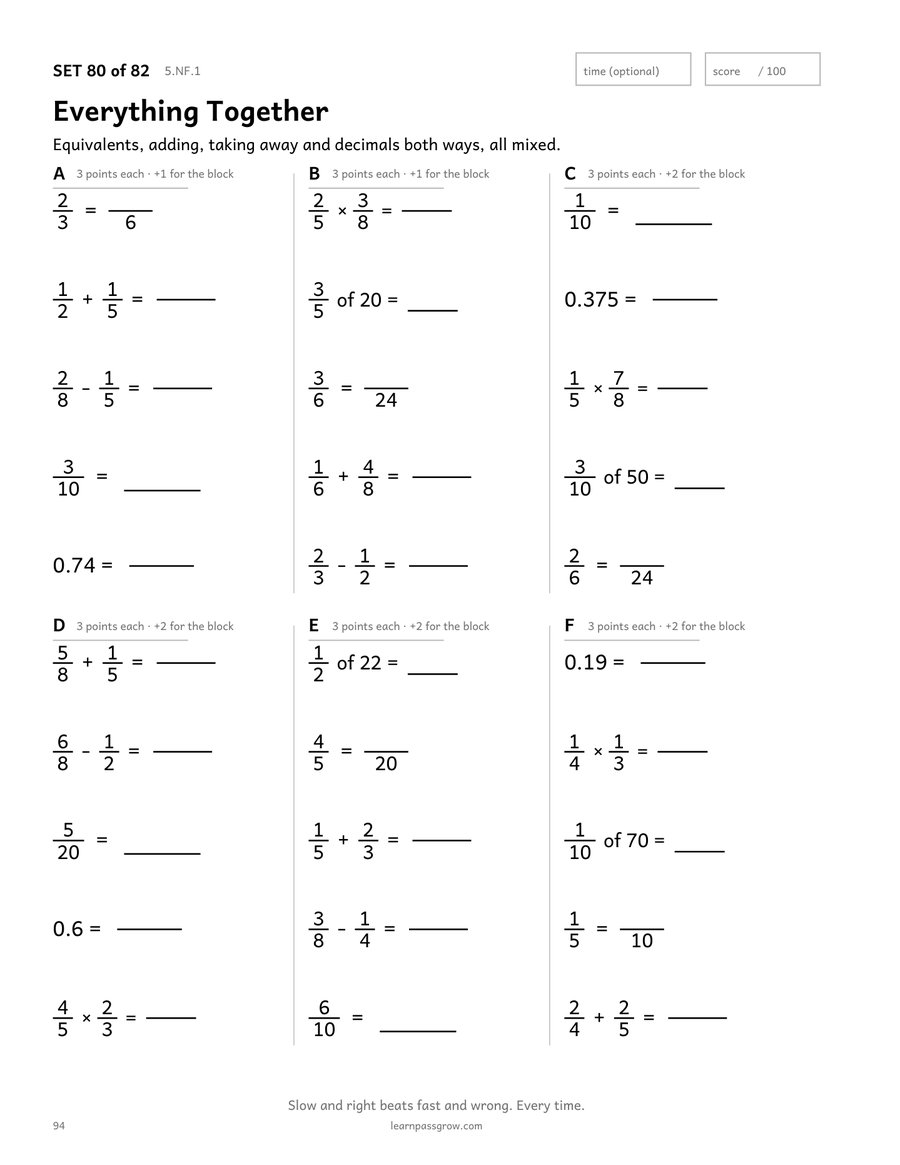 Fractions & Decimals Practice — inside page 3
