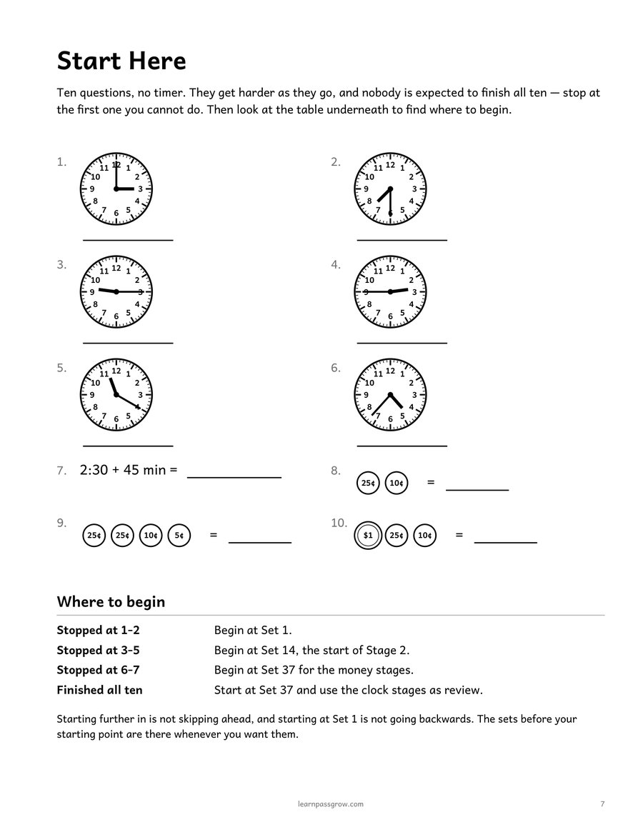 Telling Time & Money Practice — inside page 1