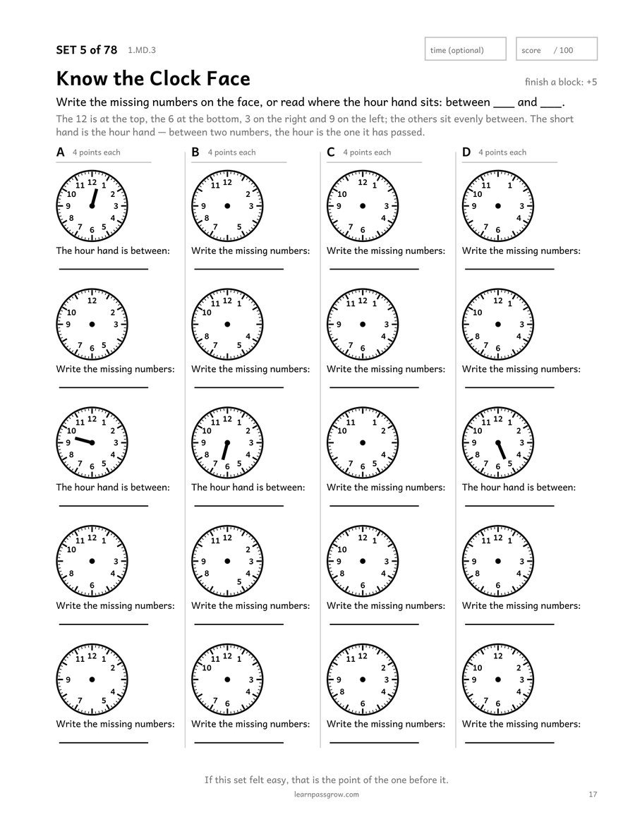 Telling Time & Money Practice — inside page 2