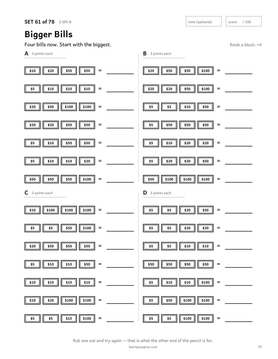 Telling Time & Money Practice — inside page 3