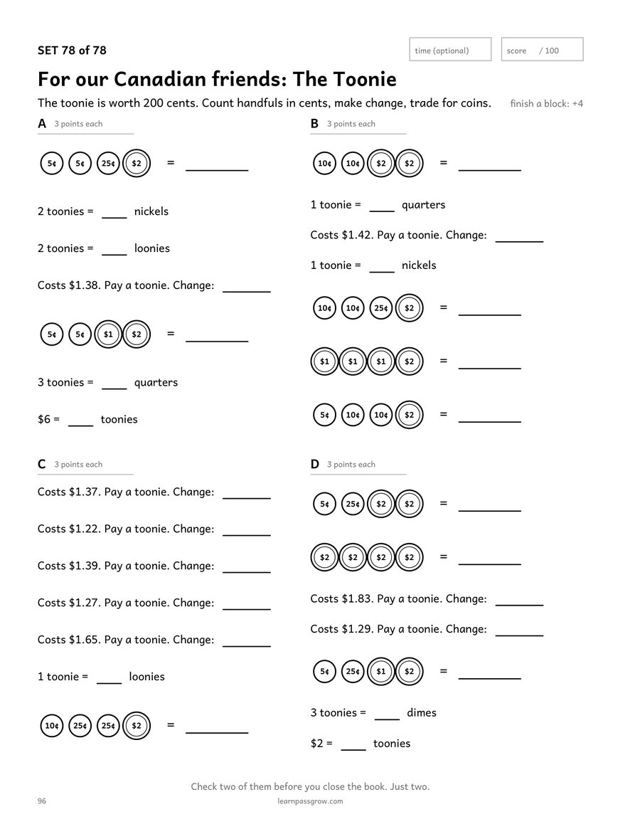 Telling Time & Money Practice — inside page 4